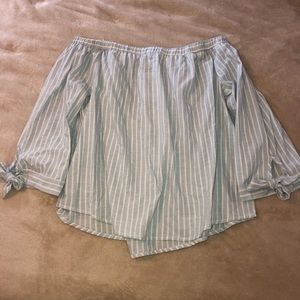 PINSTRIPE OFF THE SHOULDER TOP